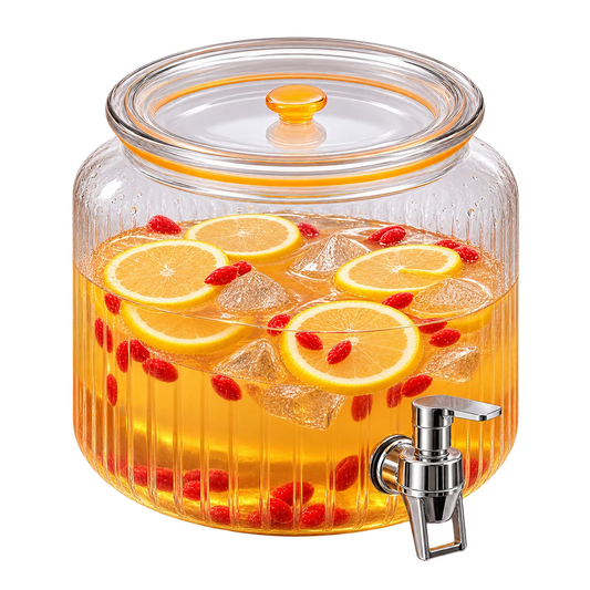 Ribbed Glass Beverage Dispenser with Stainless Steel Spigot