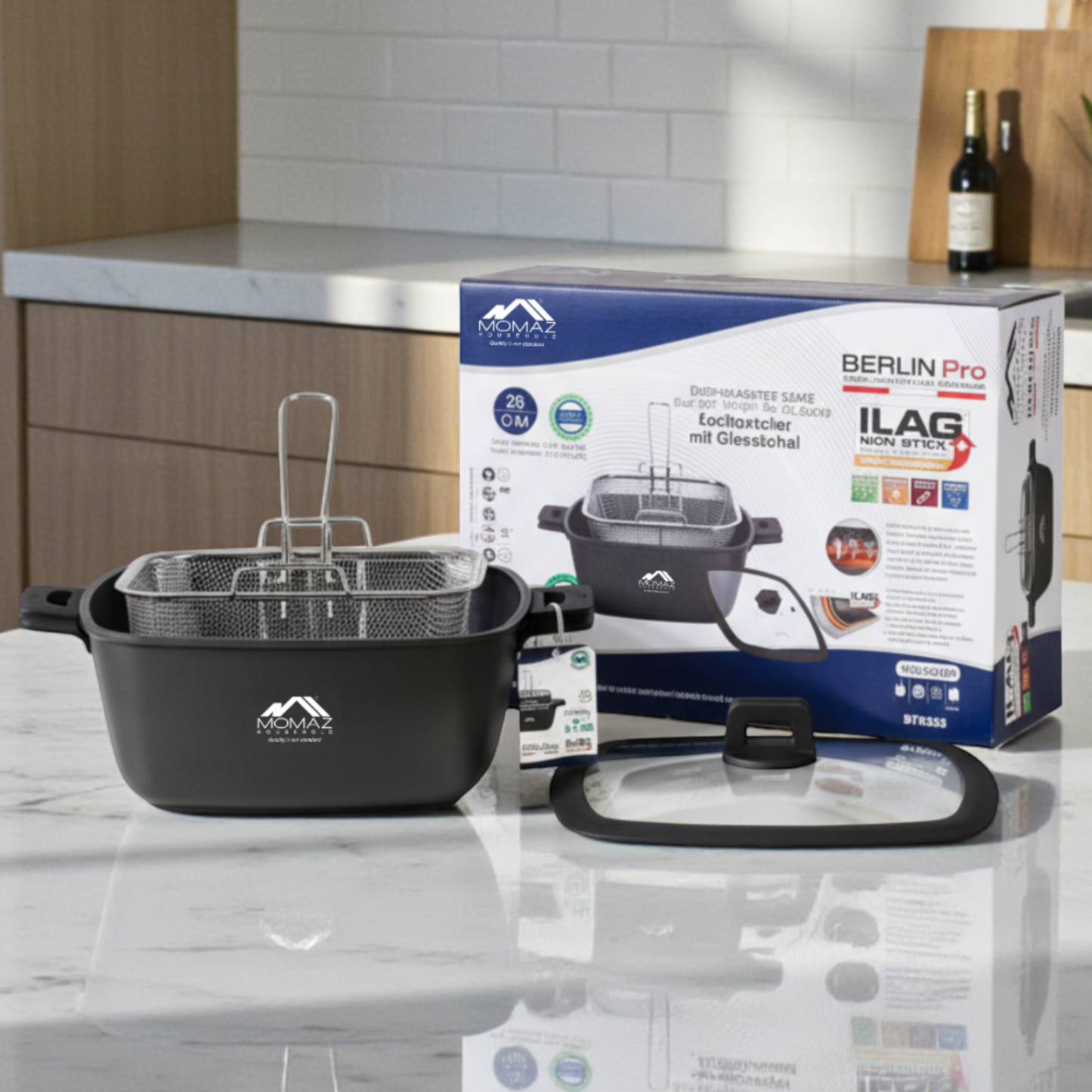 Momaz Berlin Pro Non-Stick Square Fryer Pot With Glass Lid – 28 Cm