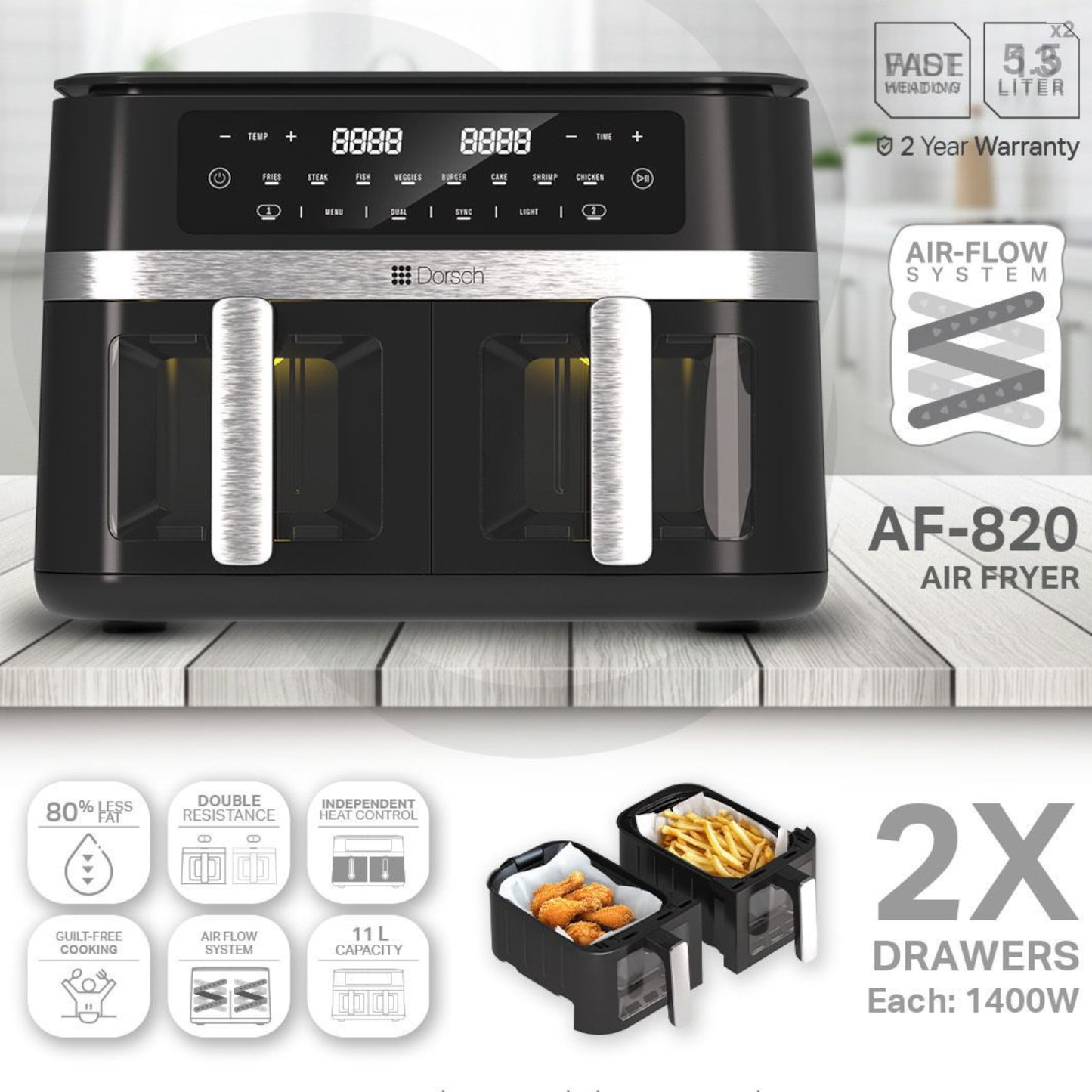 Dorsch Dual Drawer Air Fryer – 11 Liters