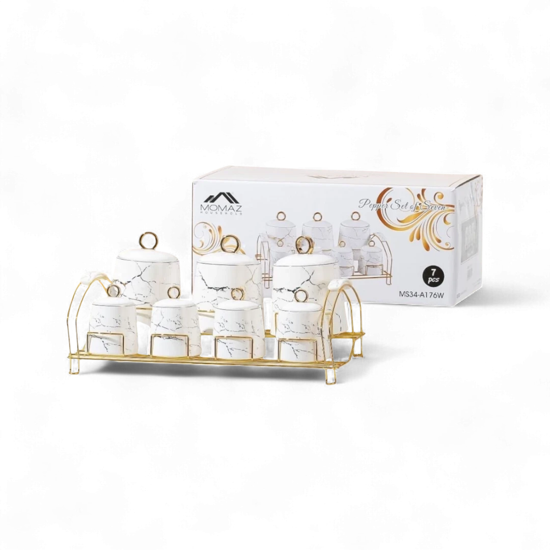 Momaz White And Gold Ceramic Seasoning Set - 7 Pcs