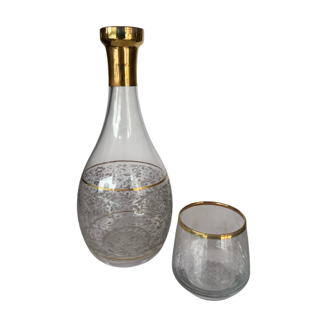 Engraved Glass Decanter And Cup Set