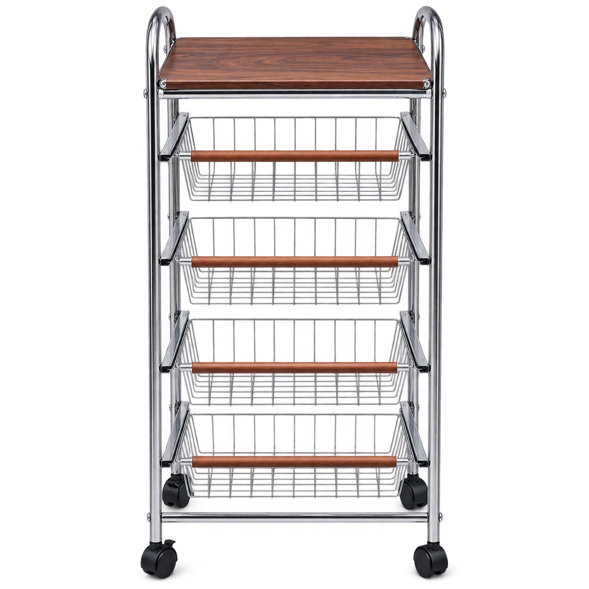4-Tier Rolling Utility Cart with Wood Tabletop & Pull-Out Wire Baskets