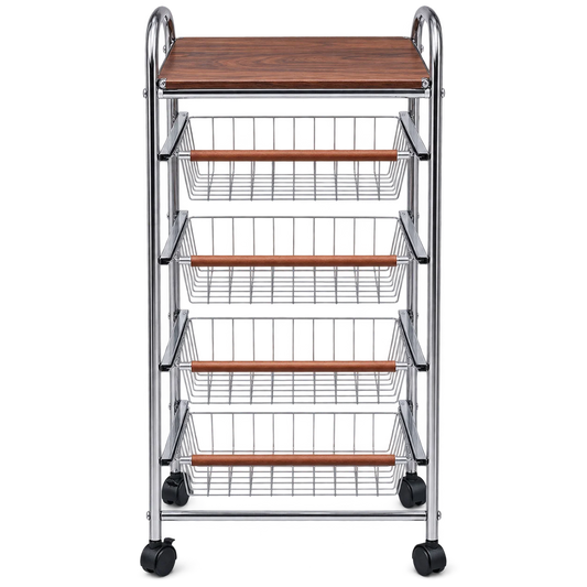 4-Tier Rolling Utility Cart with Wood Tabletop & Pull-Out Wire Baskets