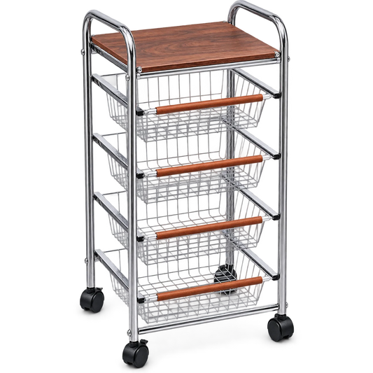 4-Tier Rolling Utility Cart with Wood Tabletop & Pull-Out Wire Baskets