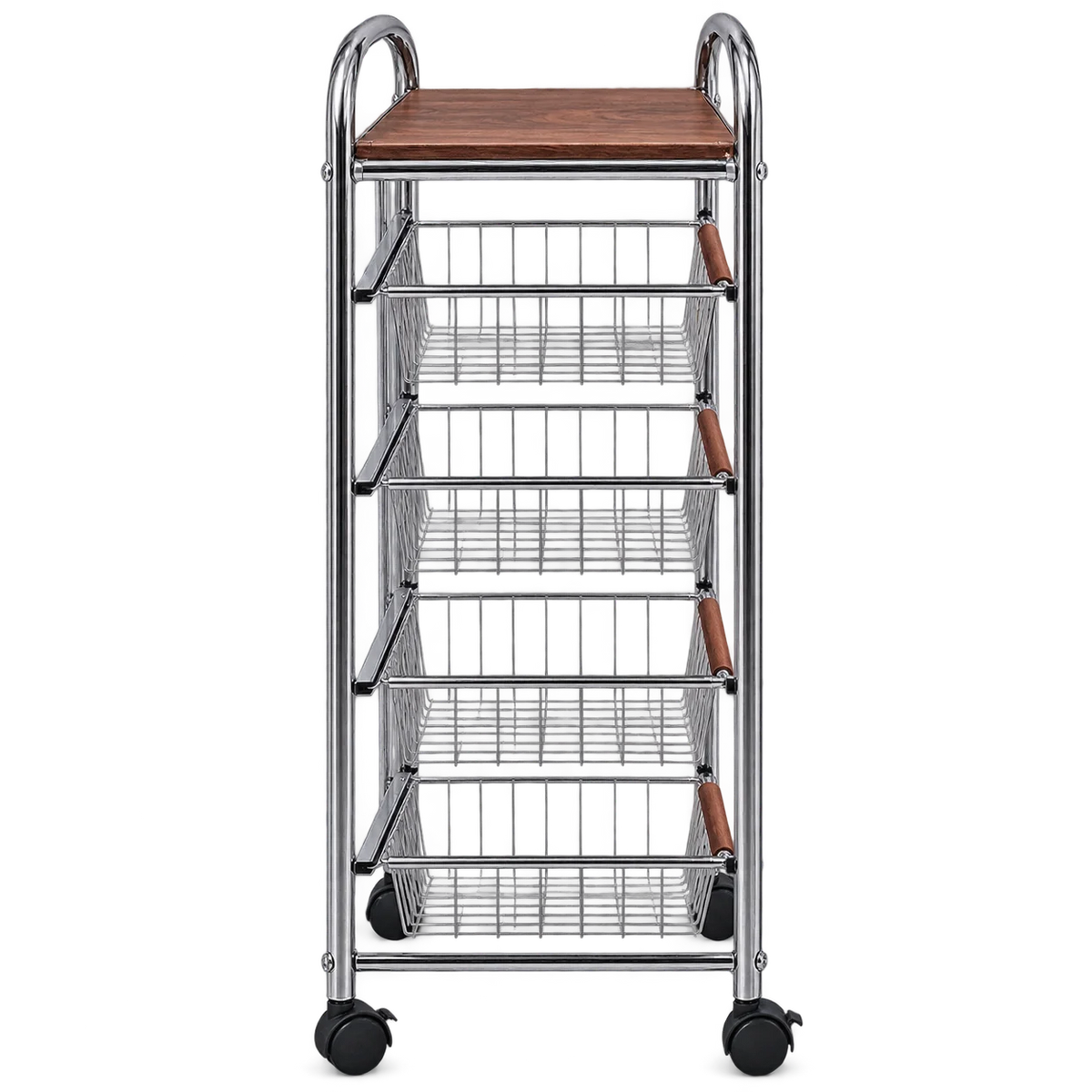 4-Tier Rolling Utility Cart with Wood Tabletop & Pull-Out Wire Baskets