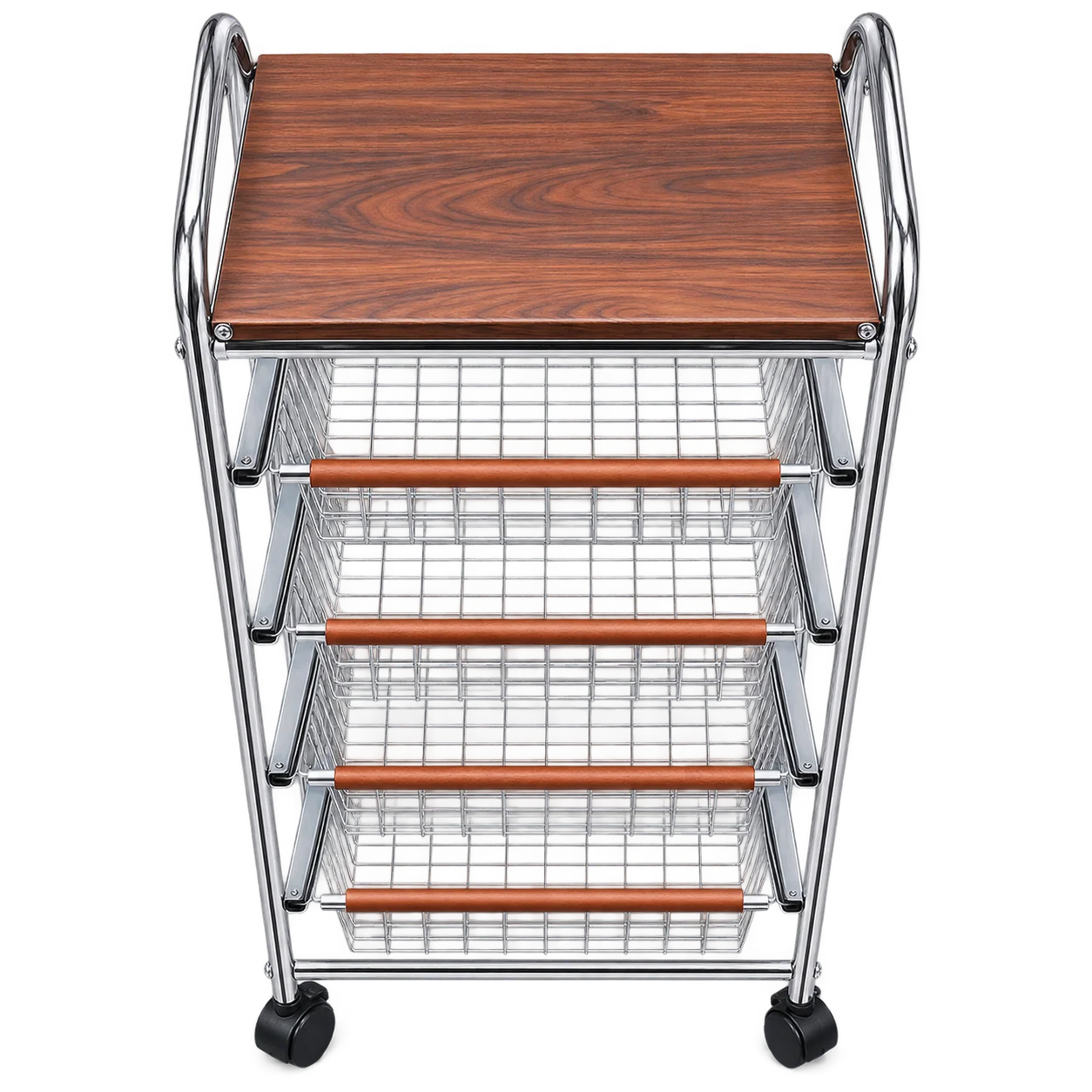 4-Tier Rolling Utility Cart with Wood Tabletop & Pull-Out Wire Baskets