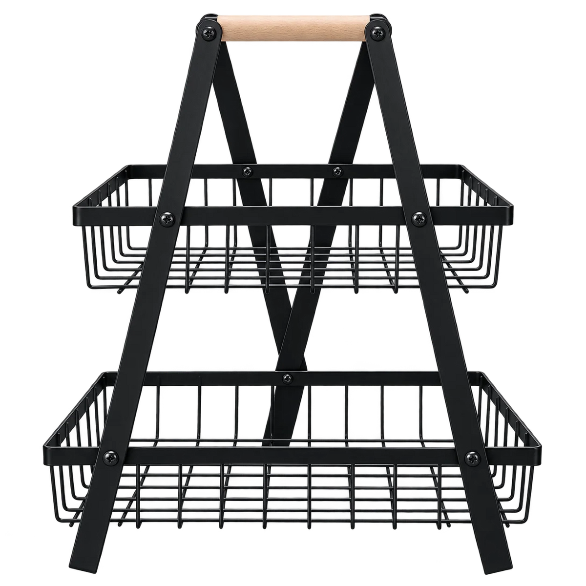 2-Tier Metal Wire Basket Storage Stand with Wooden Handle