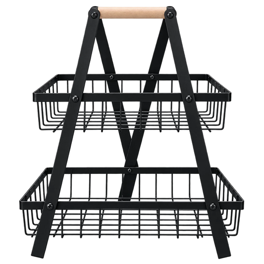2-Tier Metal Wire Basket Storage Stand with Wooden Handle