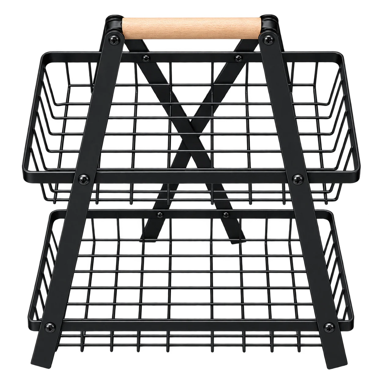 2-Tier Metal Wire Basket Storage Stand with Wooden Handle