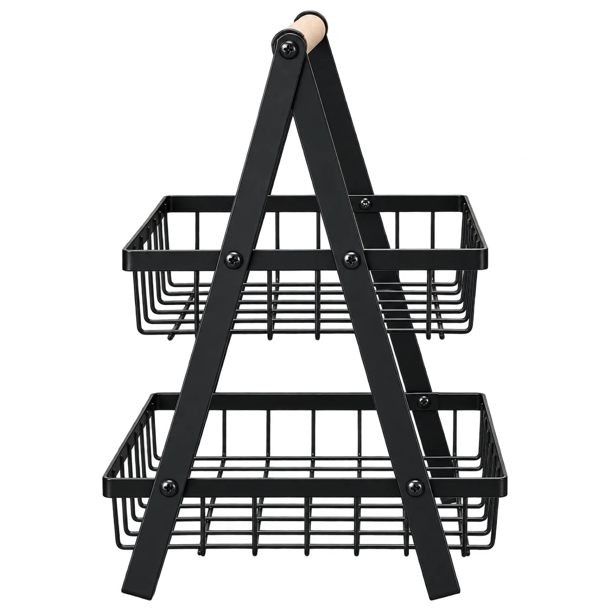 2-Tier Metal Wire Basket Storage Stand with Wooden Handle