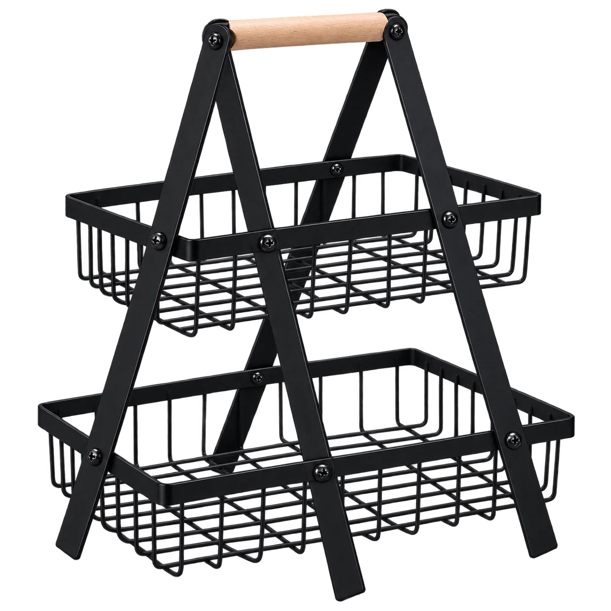 2-Tier Metal Wire Basket Storage Stand with Wooden Handle