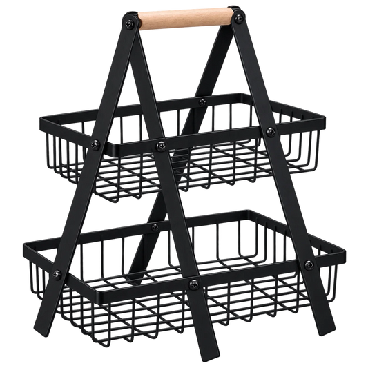 2-Tier Metal Wire Basket Storage Stand with Wooden Handle