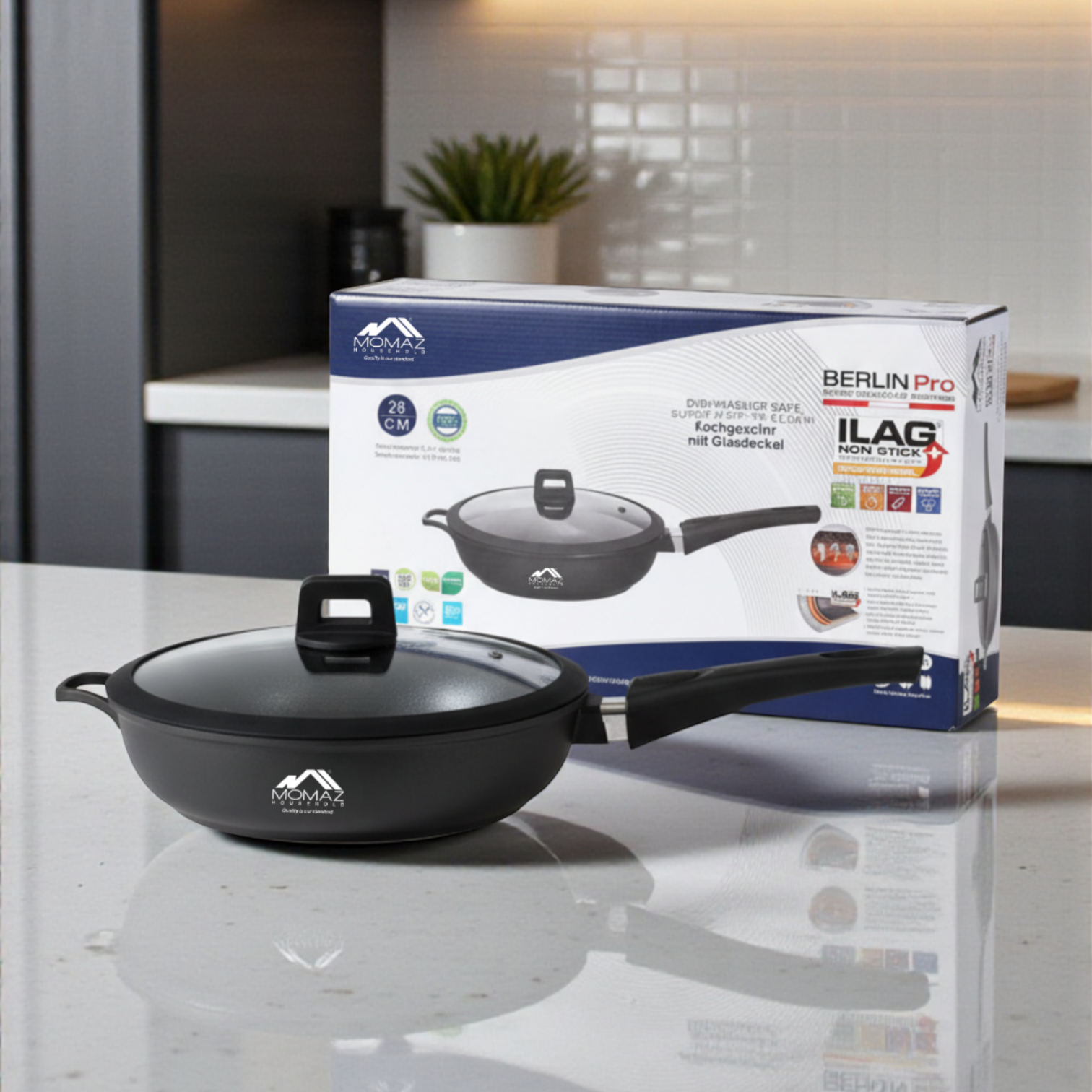 Momaz Berlin Pro Non-Stick Sauté Pan With Glass Lid – 28 Cm