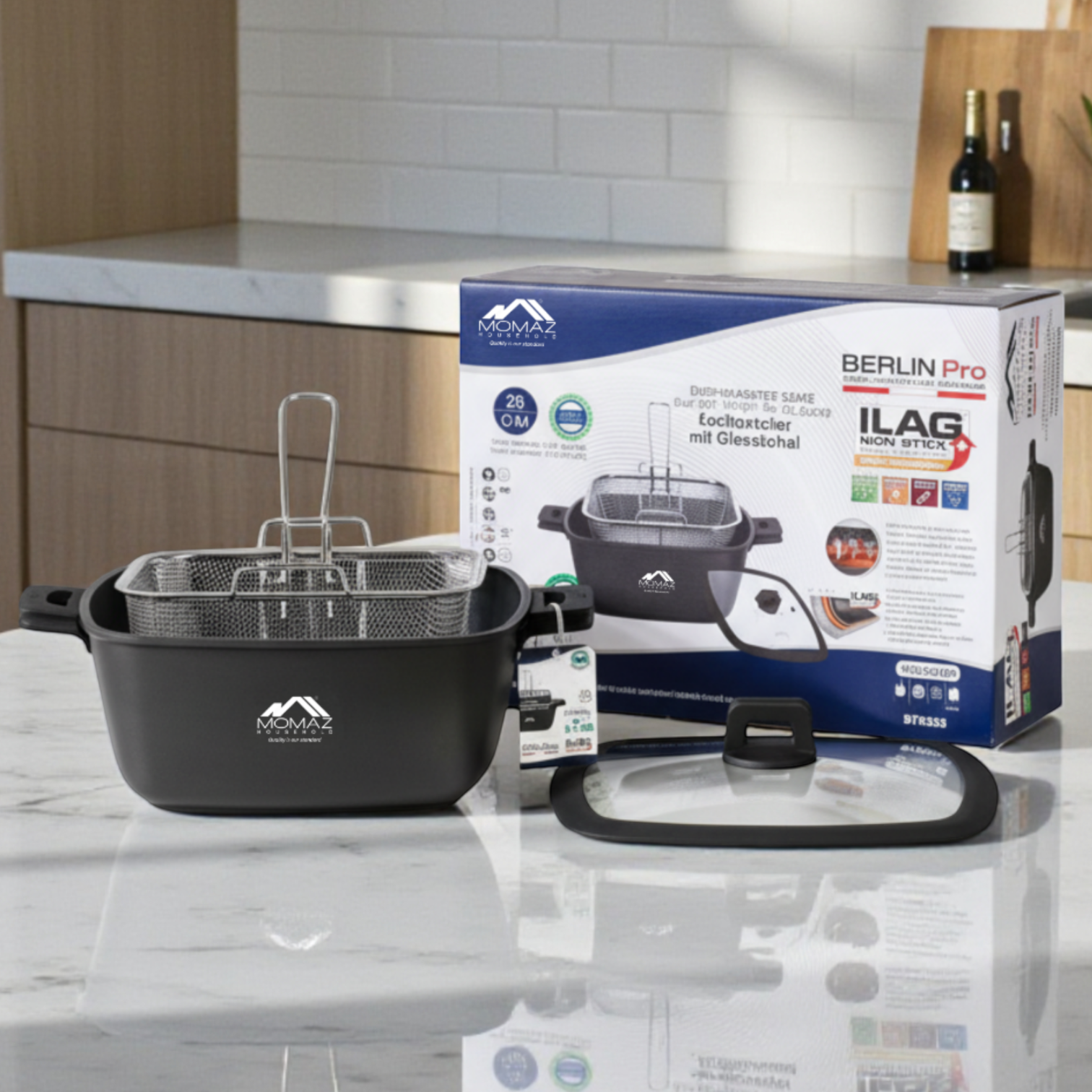 Momaz Berlin Pro Non-Stick Square Fryer Pot With Glass Lid – 28 Cm