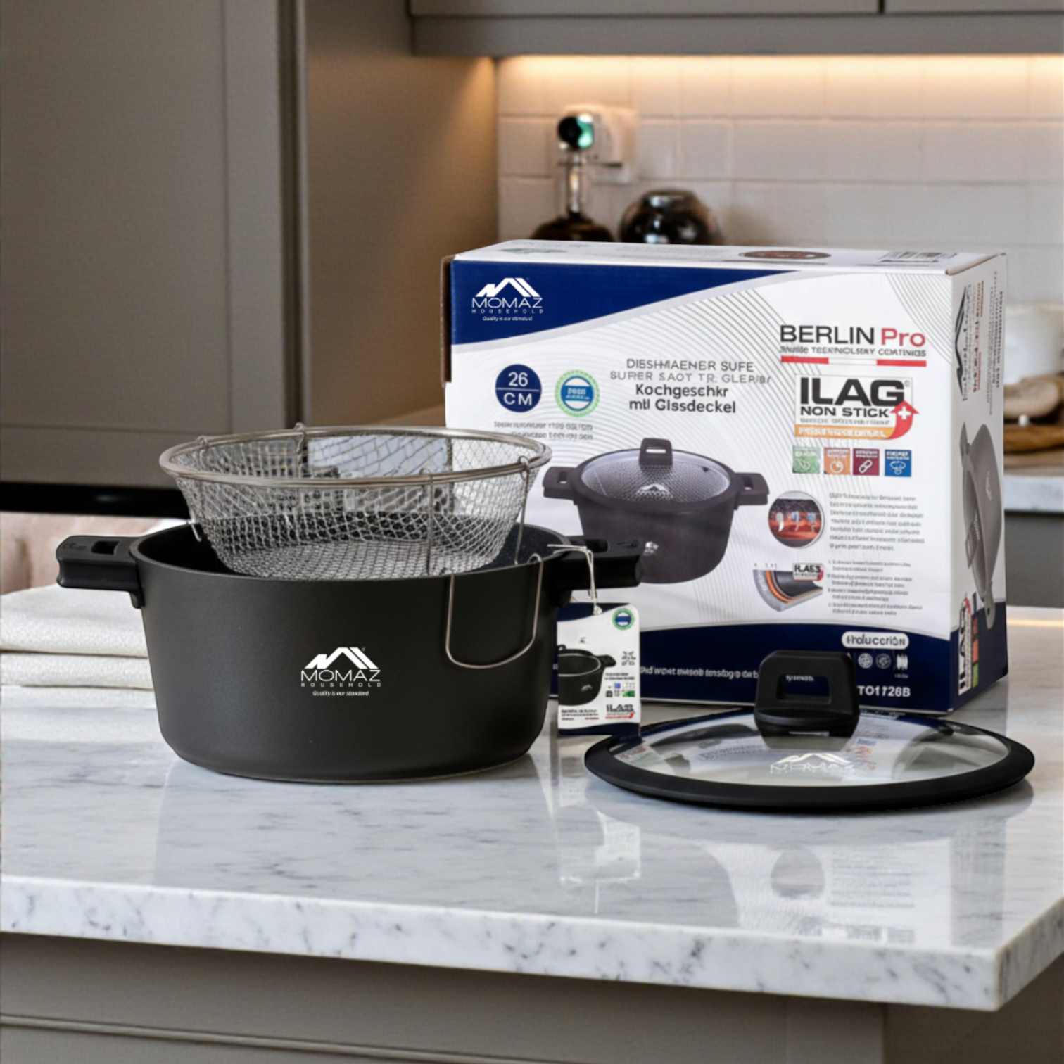 Momaz Berlin Pro Non-Stick Fryer Pot With Glass Lid – 26 Cm