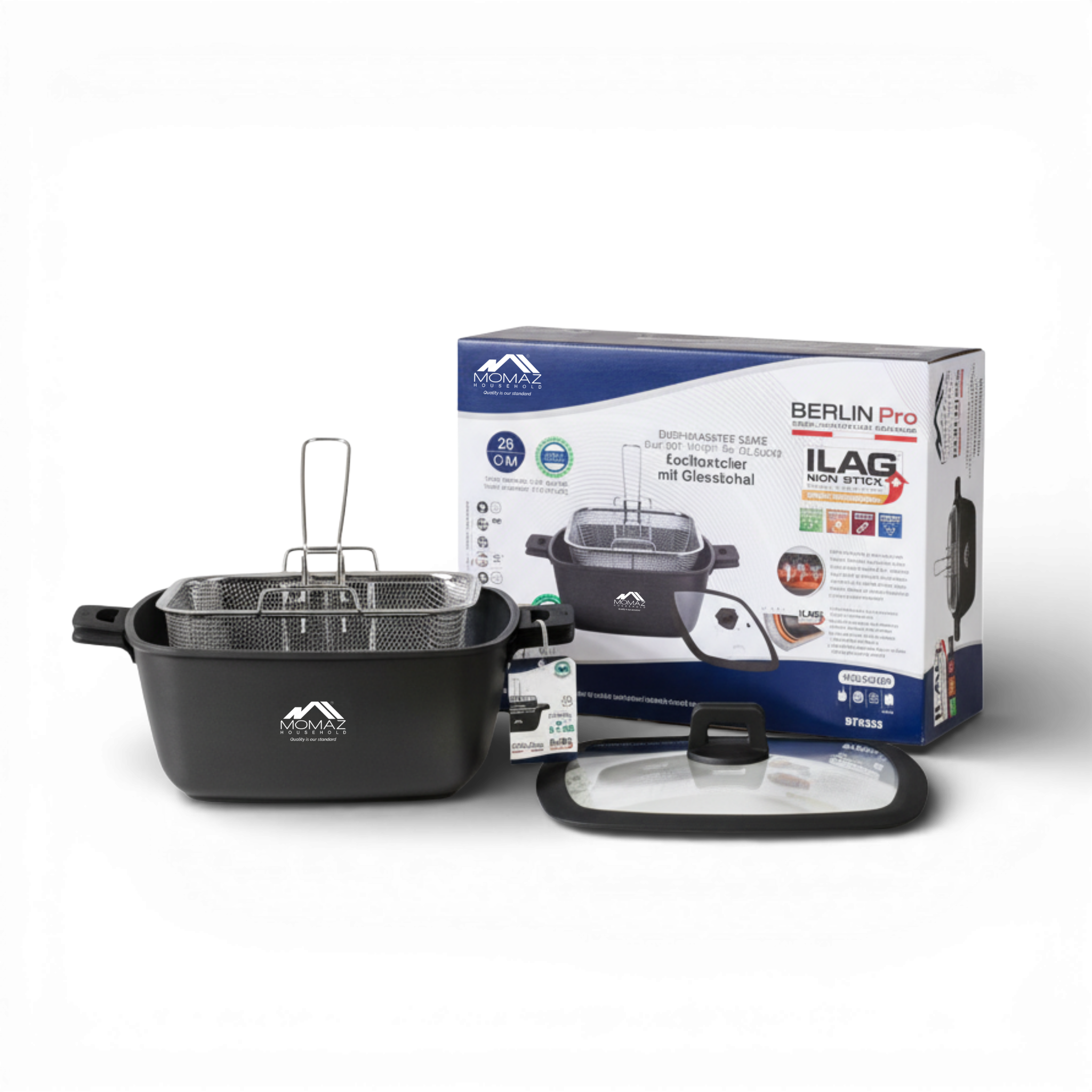Momaz Berlin Pro Non-Stick Square Fryer Pot With Glass Lid – 28 Cm