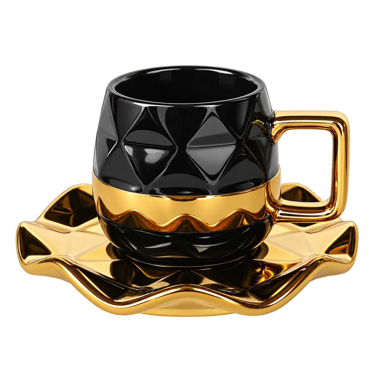 Black Nordic Gold Trimmed Ceramic Coffee Cup Set - 12 Pcs