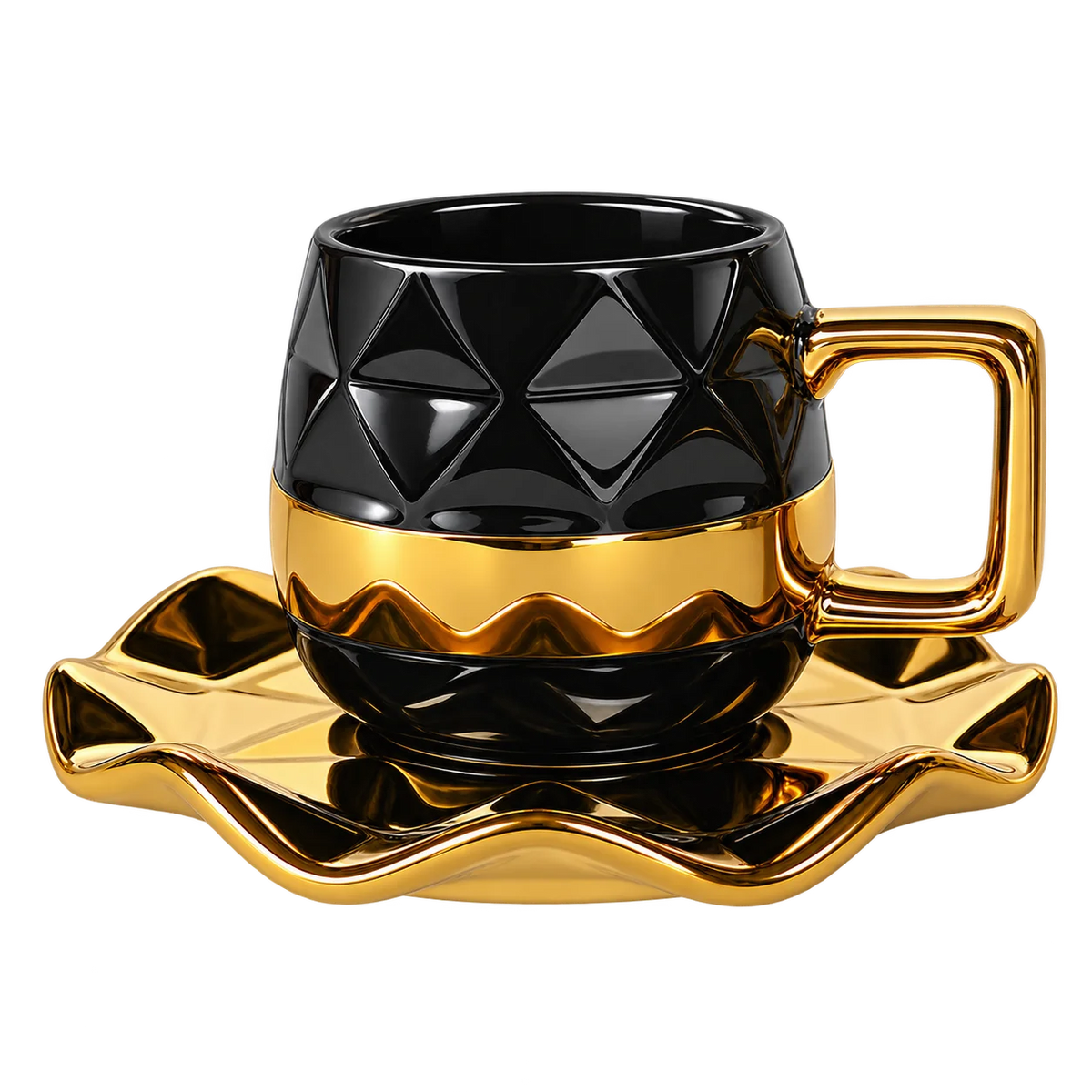 Black Nordic Gold Trimmed Ceramic Coffee Cup Set - 12 Pcs