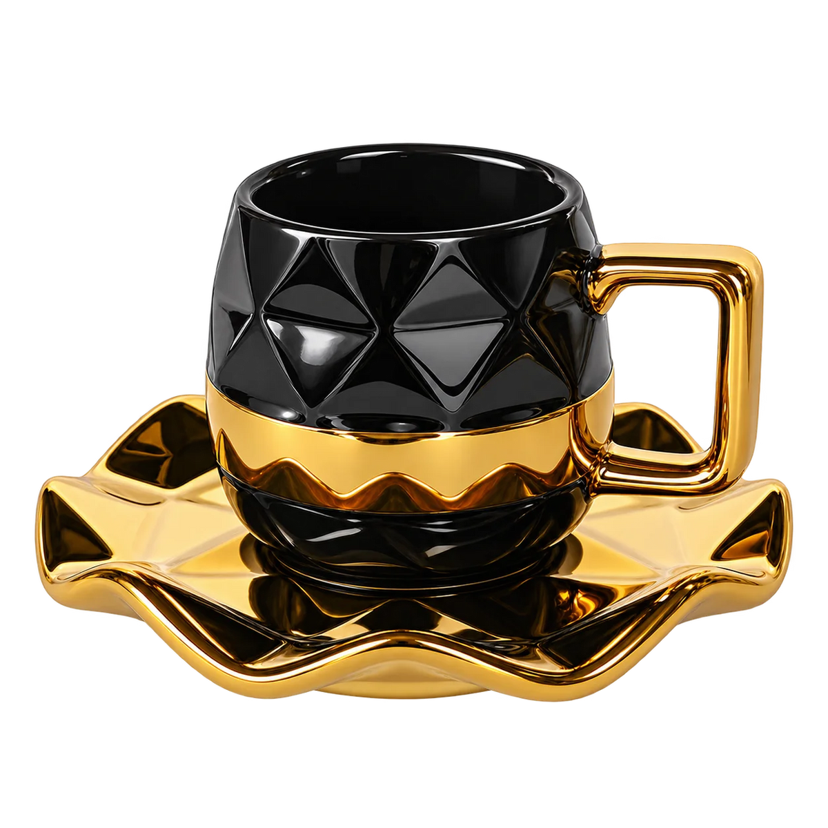 Black Nordic Gold Trimmed Ceramic Coffee Cup Set - 12 Pcs