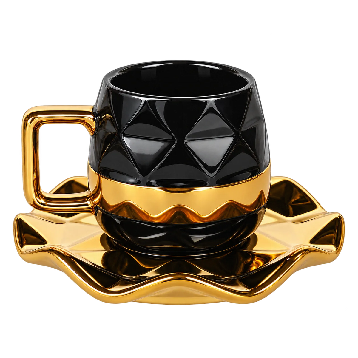 Black Nordic Gold Trimmed Ceramic Coffee Cup Set - 12 Pcs