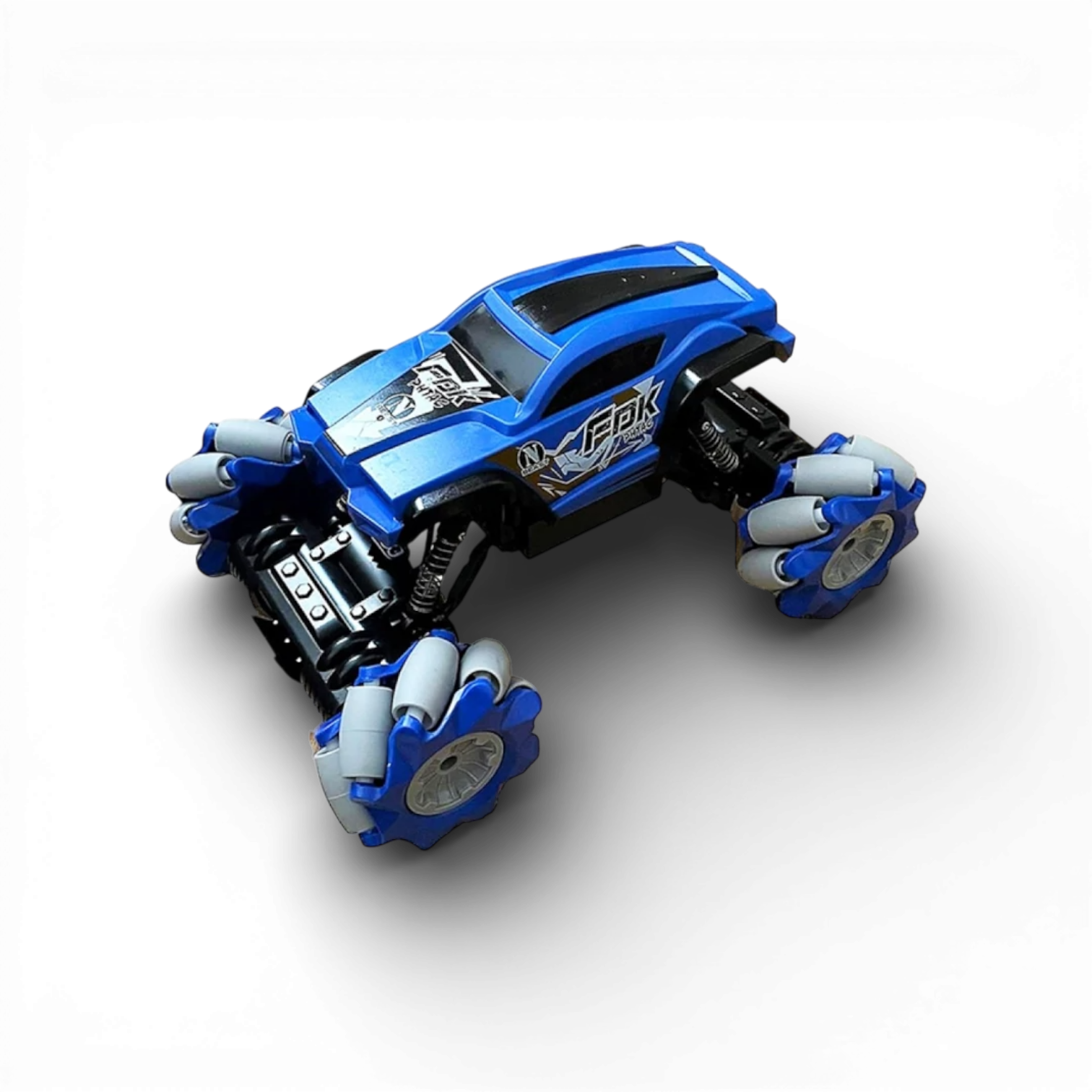 Blue and black toy car model on a white background