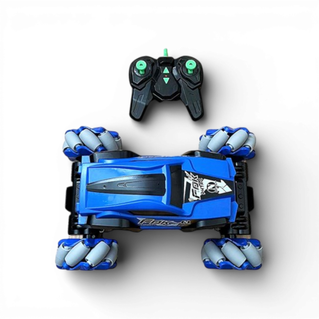 Blue remote control car with a black and green remote on a white background