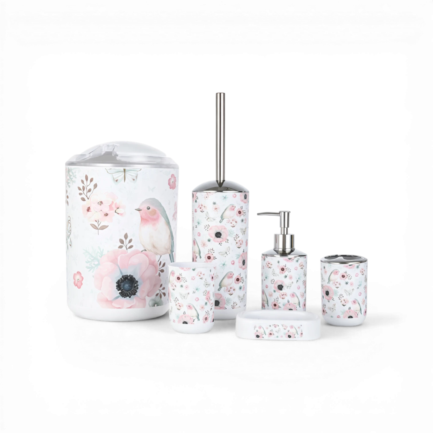 Floral Bathroom Set – 5 Pieces – Bird Design