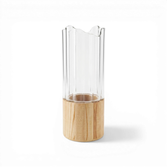 Glass Vase with Wooden Base – Modern Natural Design – Decorative Piece