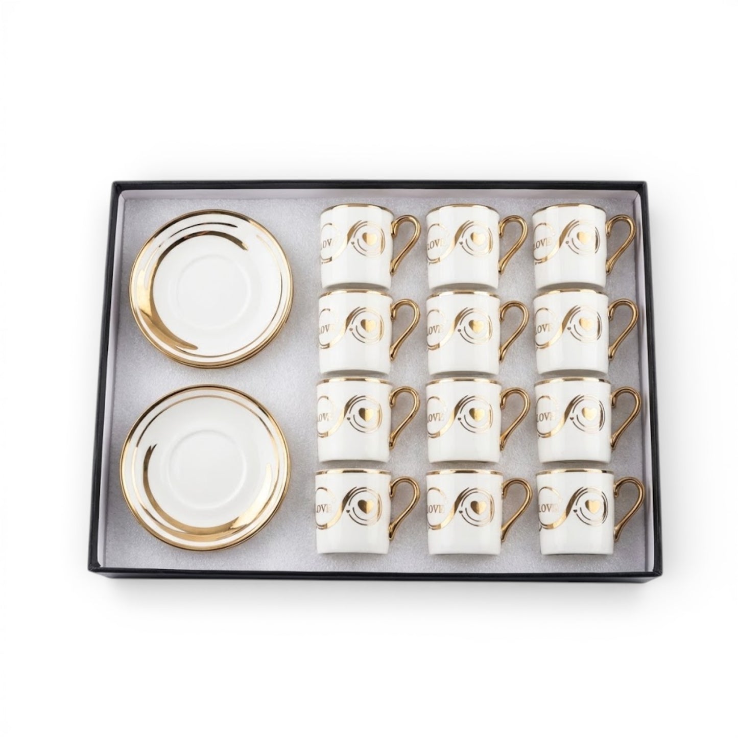 LOVE White Gilded Porcelain Coffee Cup Set - 12 Pcs