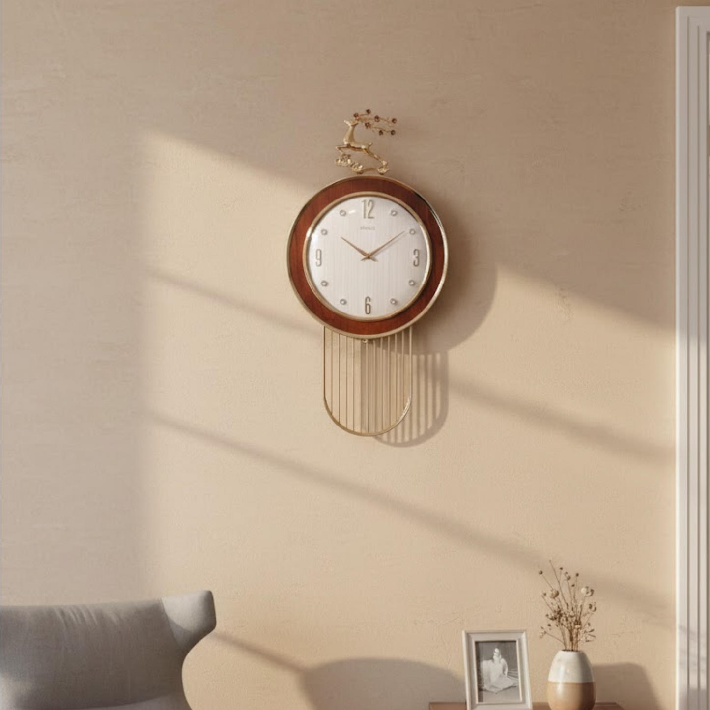 Decorative wall clock with gold accents on a beige wall