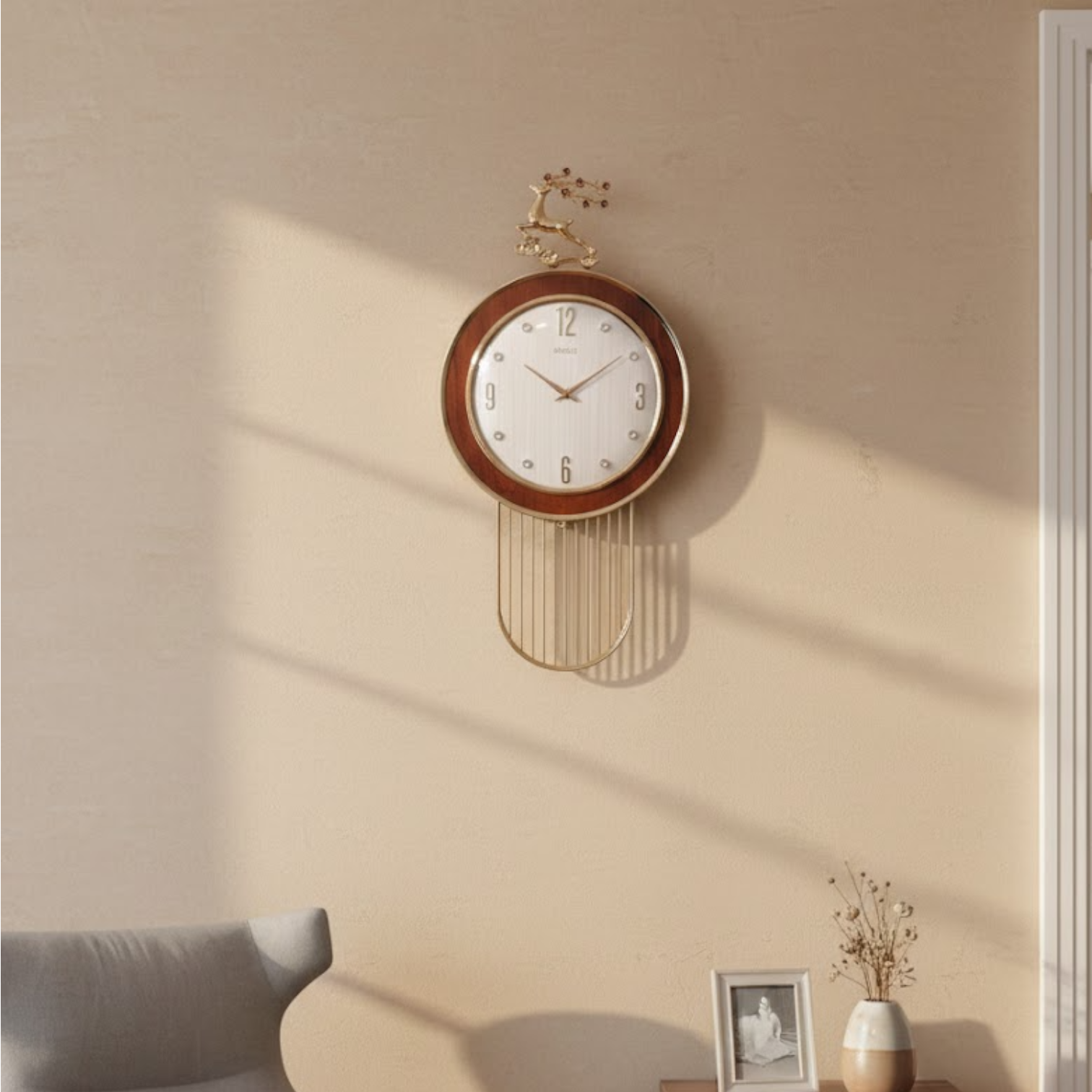 Decorative wall clock with gold accents on a beige wall