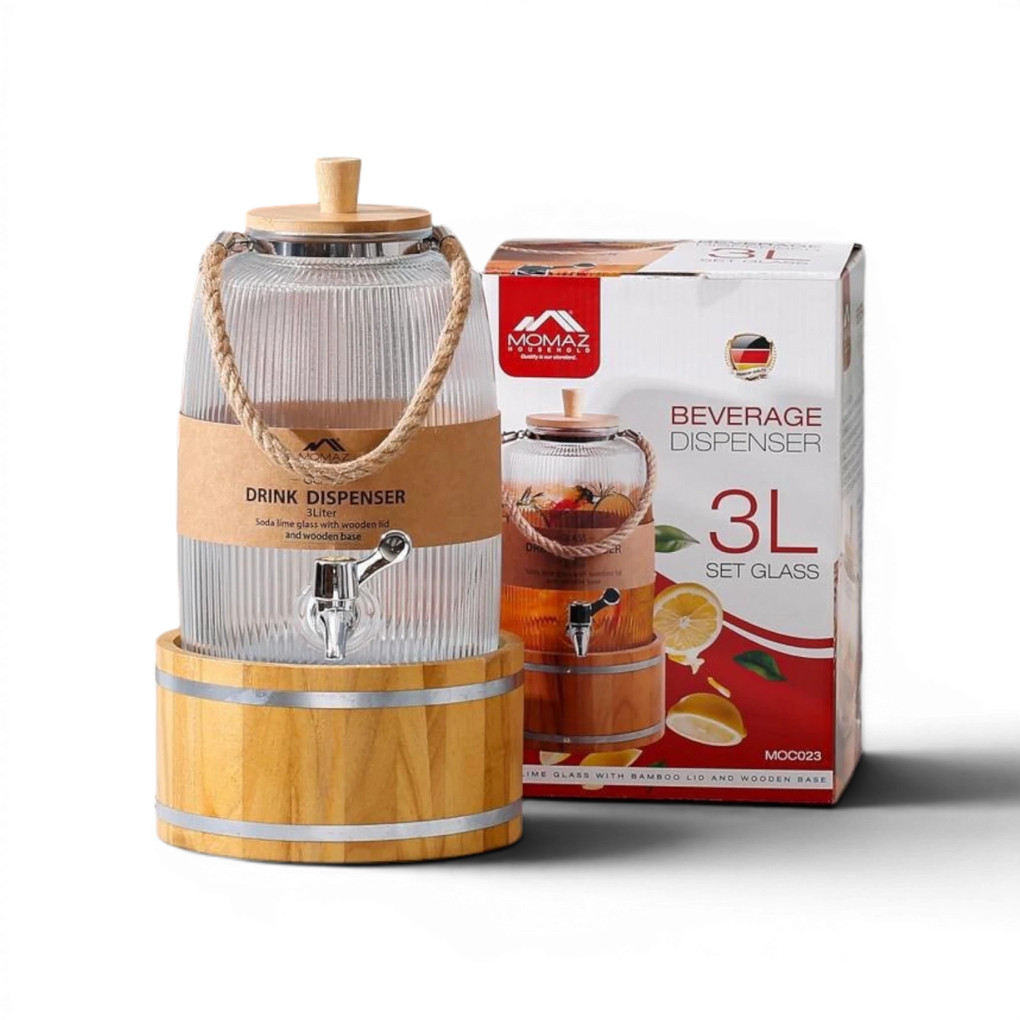 Momaz Household Beverage Dispenser 3L - Glass with Wooden Base