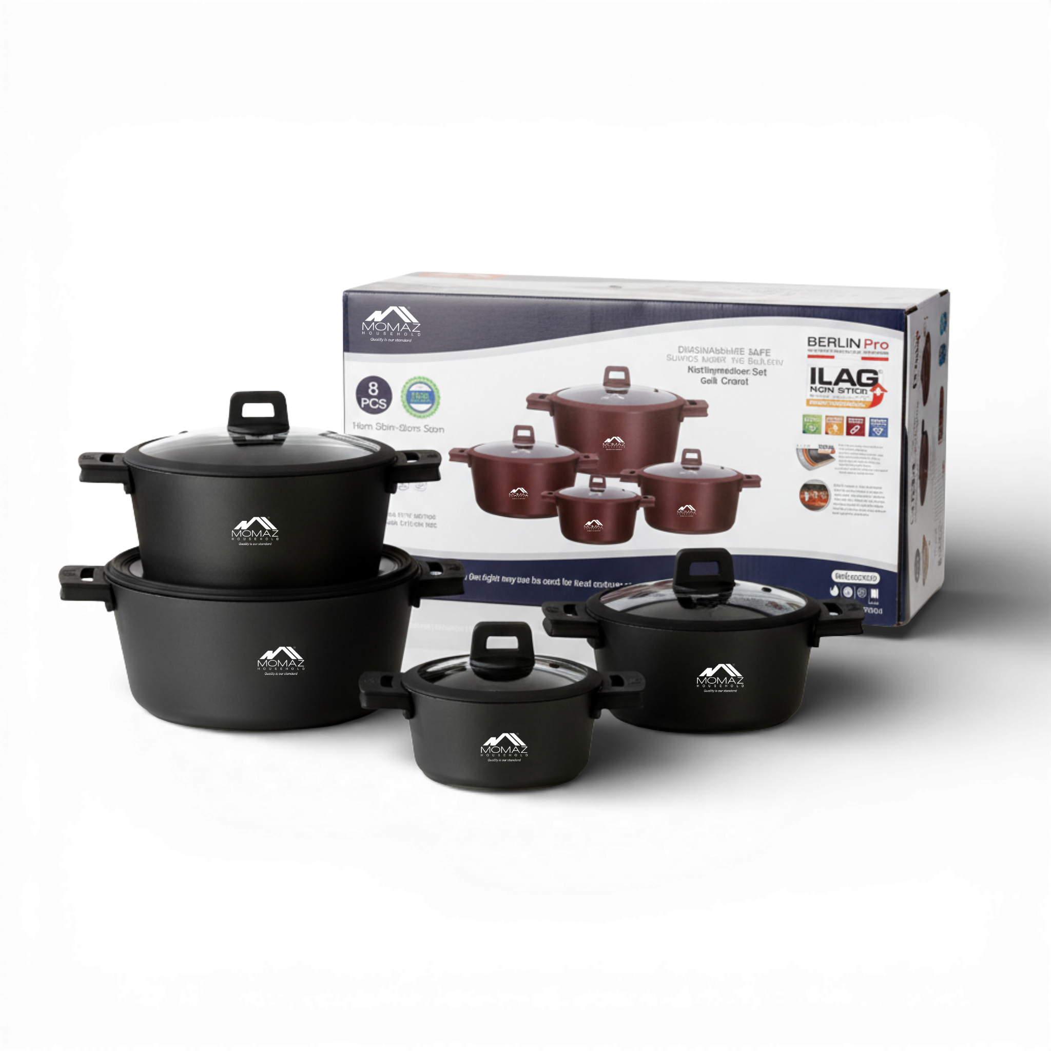 Momaz Berlin Pro Non-Stick Casserole Set With Glass Lids – 8 Pieces