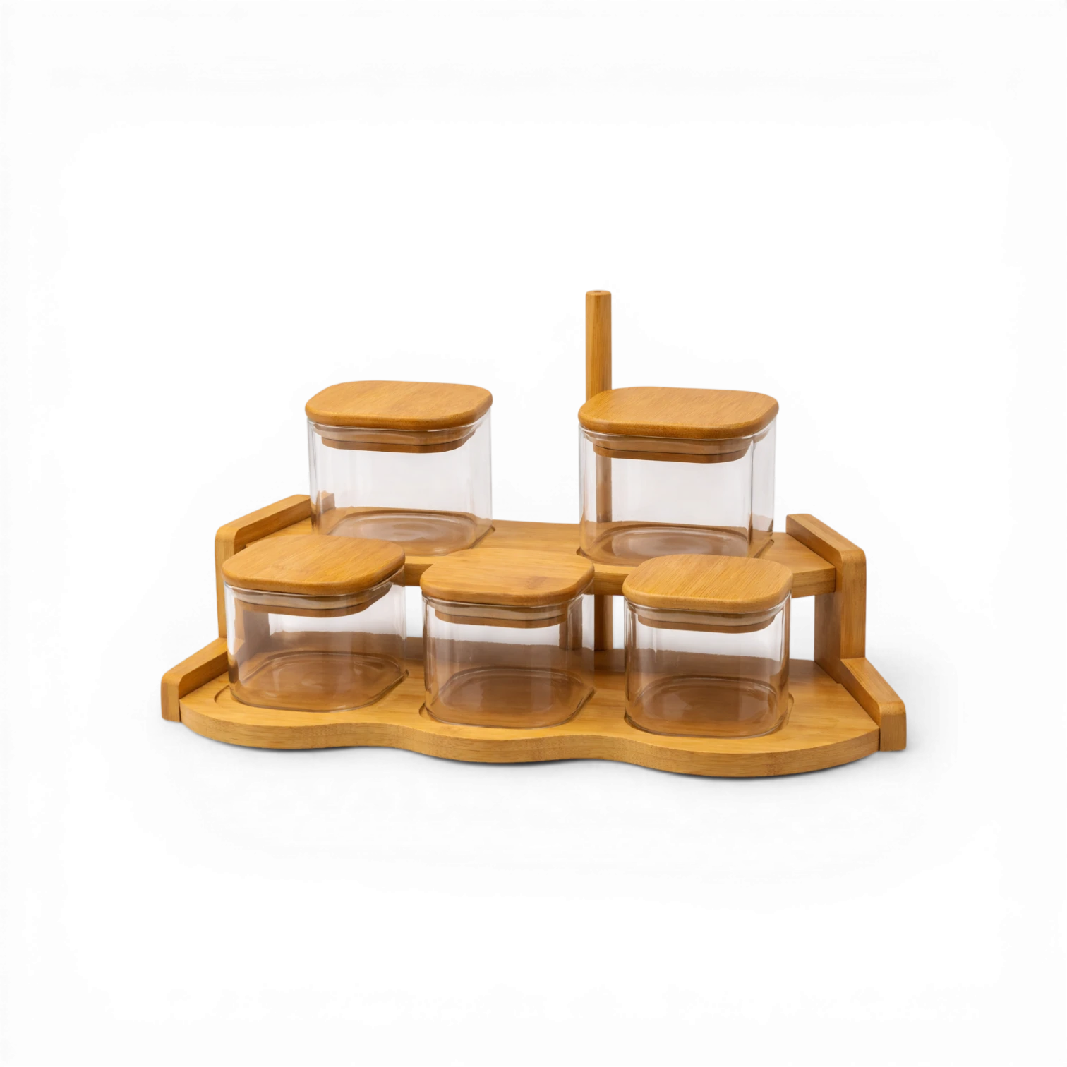 Spice Jar Set with Wooden Stand – 6 Pieces – Glass Containers