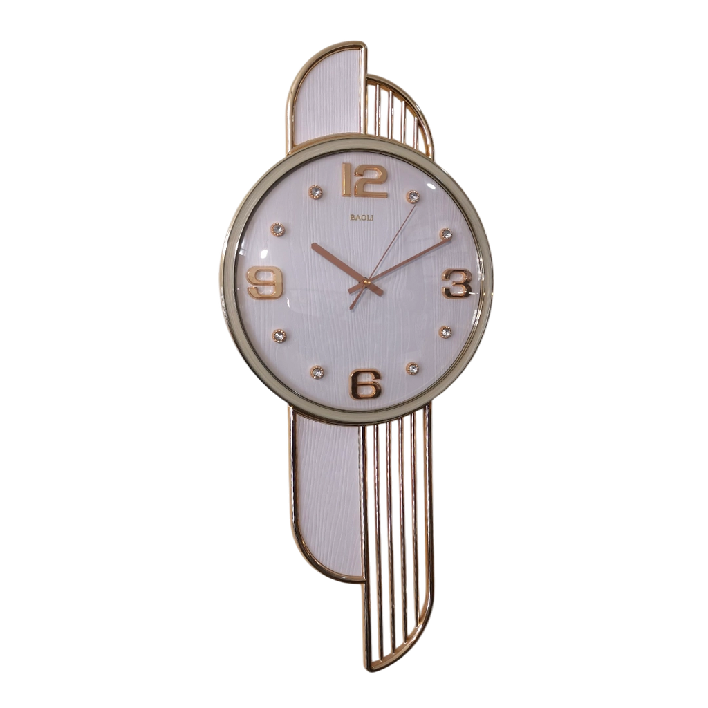 A modern wall clock with a gold and white color scheme, featuring a sleek design with a geometric pattern on the clock body and analog display.