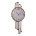 A modern wall clock with a gold and white color scheme, featuring a sleek design with a geometric pattern on the clock body and analog display.