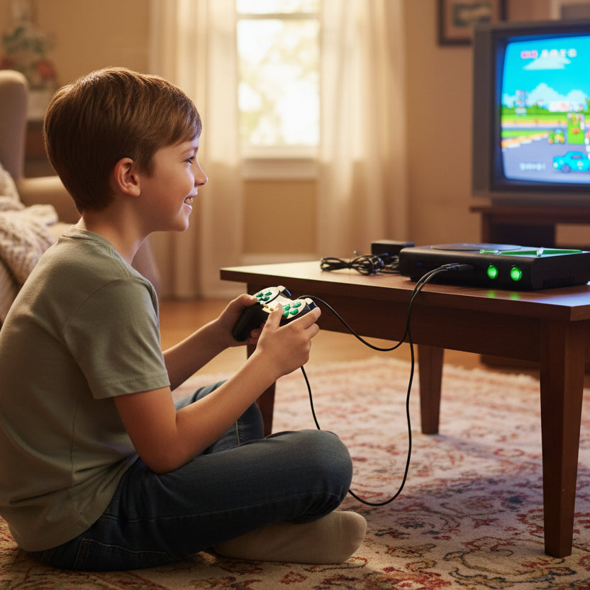 Black gaming console with two controllers and cables on a white background, branded 'X-Game'.