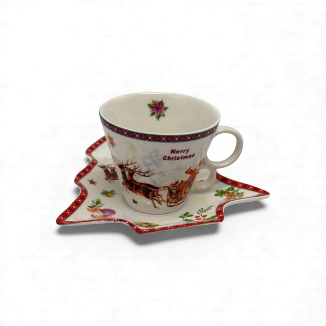 Christmas Ceramic Coffee Cup with Tree-Shaped Plate