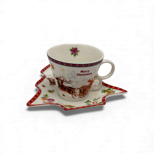 Christmas Ceramic Coffee Cup with Tree-Shaped Plate