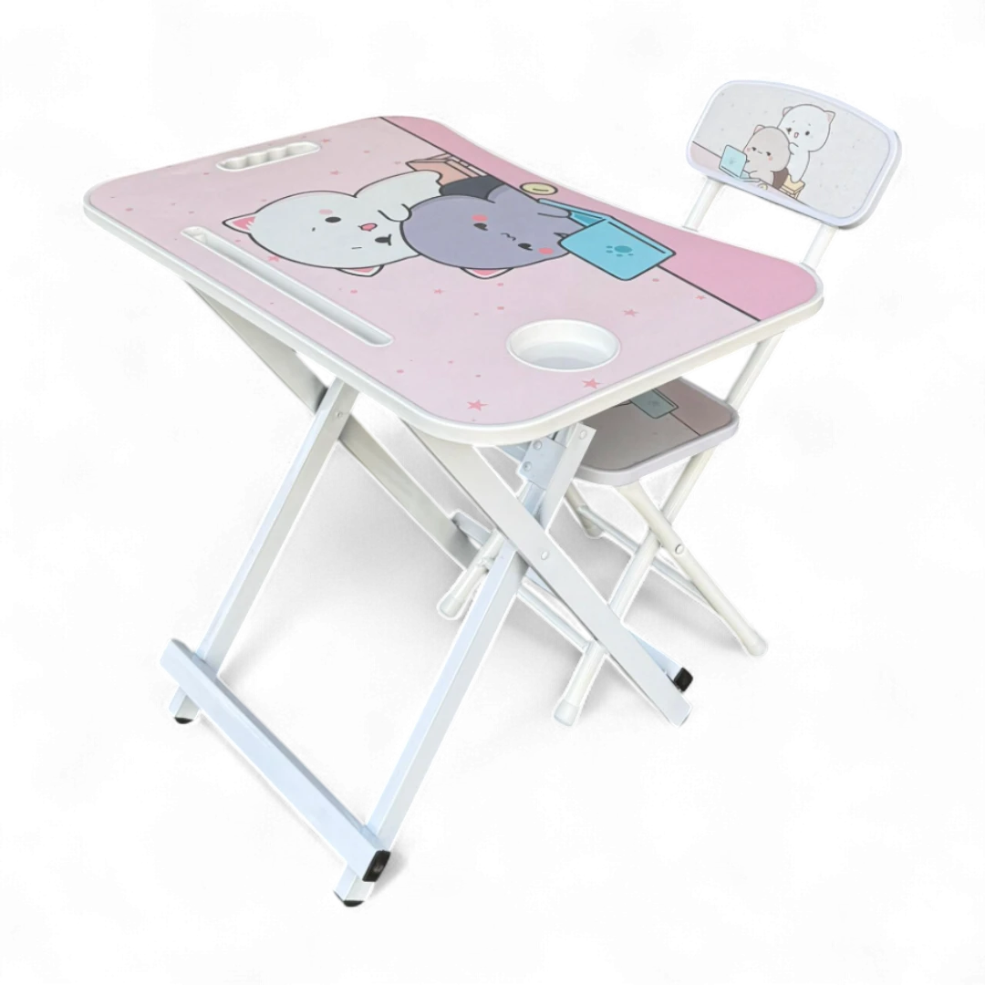 KidyFold Cartoon Study Desk And Chair Set - Pink