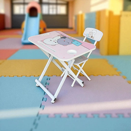 KidyFold Cartoon Study Desk And Chair Set - Pink