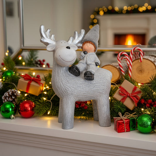 Christmas Reindeer with Child Figurine – Silver