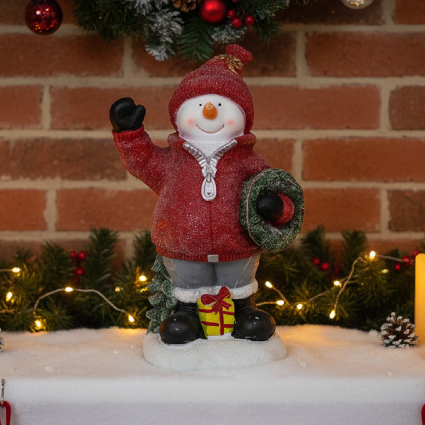 Snowman Christmas Figurine with Gift and Wreath