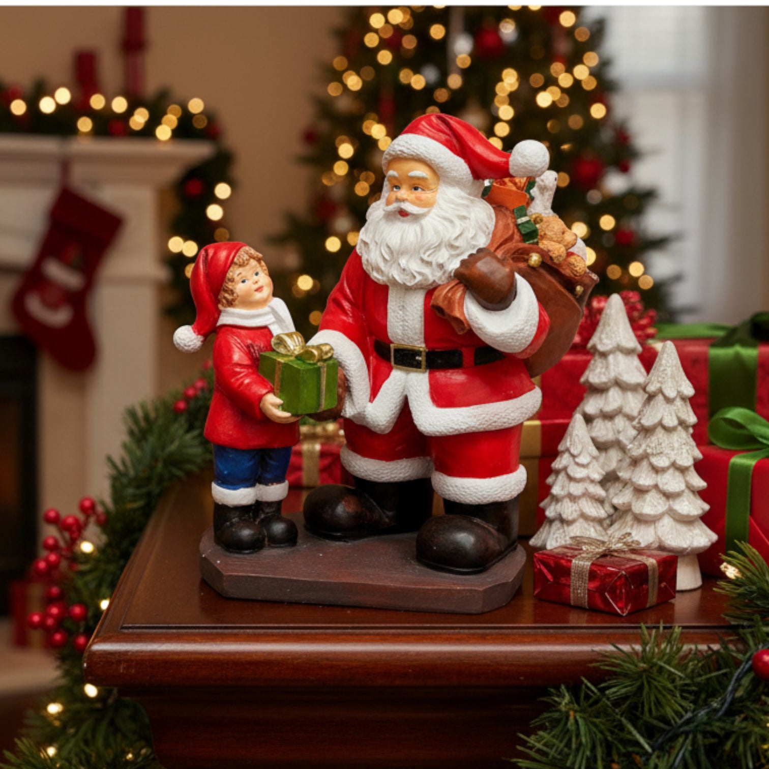 Santa Claus with Child and Gift Figurine