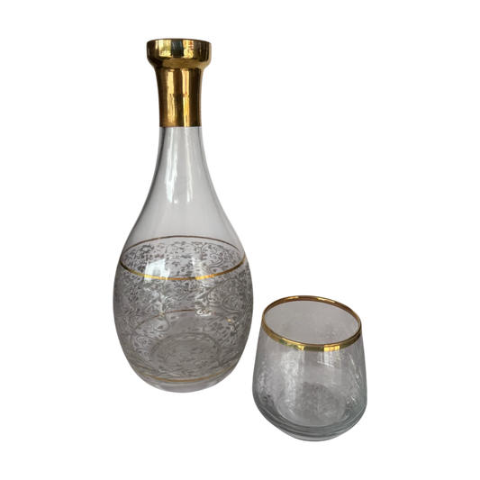 Engraved Glass Decanter And Cup Set