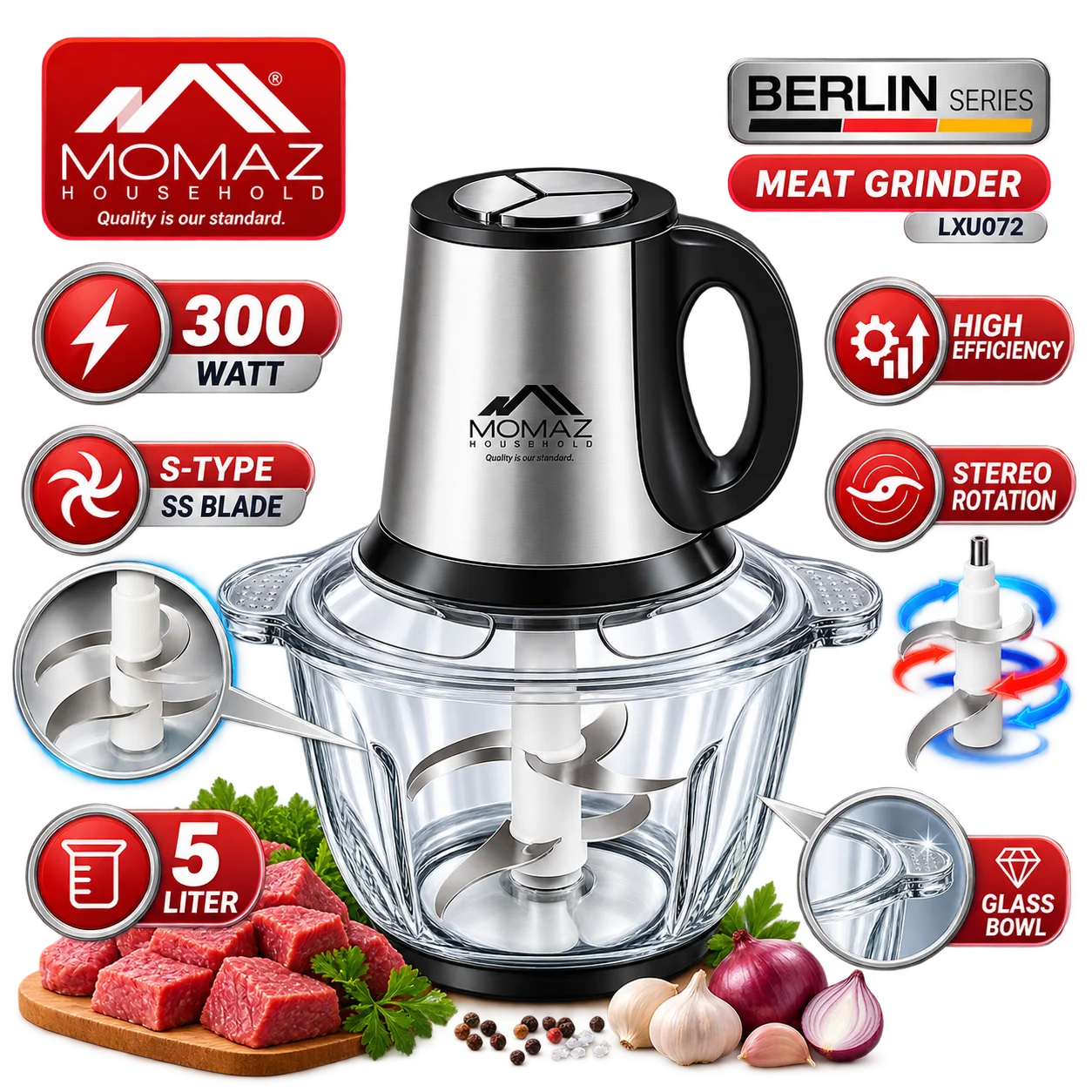Momaz Household Glass Electric Meat Grinder & Food Chopper – Berlin Series
